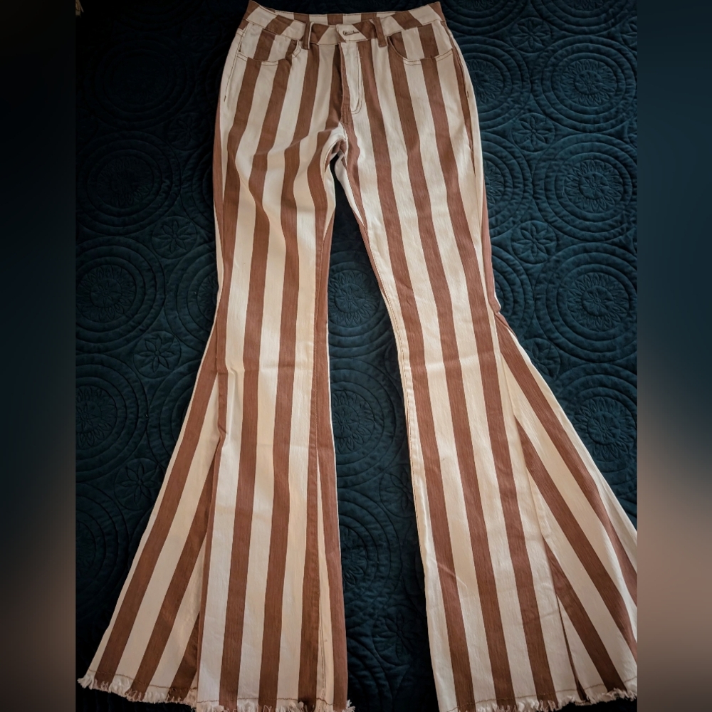 Brown and Cream Wide Leg Flare Jeans